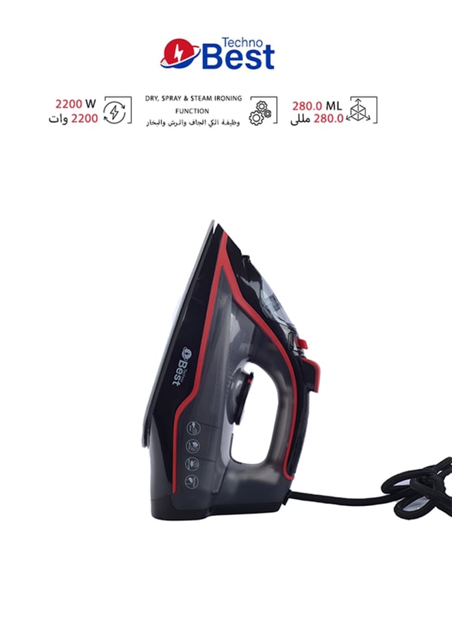 تكنو بيست أداة كي بخار 280 ml 2200 W BSI-003 أحمر، أبيض - Image 1