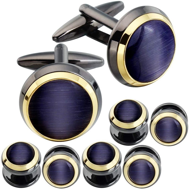 HAWSON Cuff links Tuxedo Studs Set for Men - Best Gifts for Wedding, Formal Events (Dark blue cat's eye)