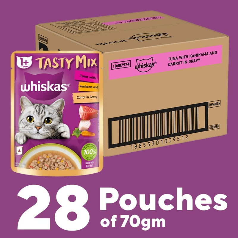 Whiskas Tasty Mix Adult (1+ Year) Wet Cat Food, Tuna with Kanikama & Carrot in Gravy, 70g, Pack of 28| Made with Real Fish| Complete & Balanced Nutrition for Adult Cat - Image 3