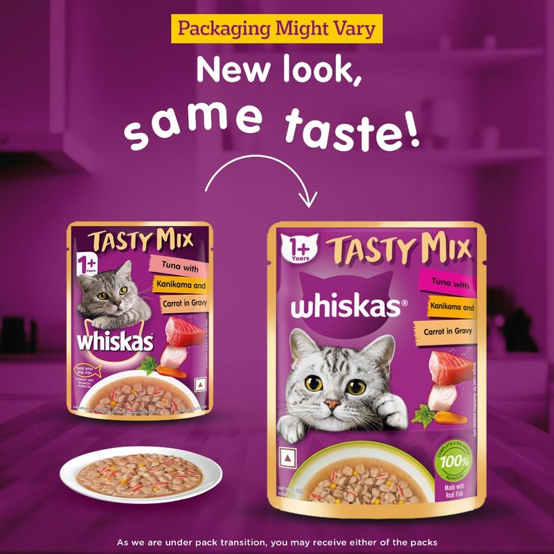 Whiskas Tasty Mix Adult (1+ Year) Wet Cat Food, Tuna with Kanikama & Carrot in Gravy, 70g, Pack of 28| Made with Real Fish| Complete & Balanced Nutrition for Adult Cat - Image 2