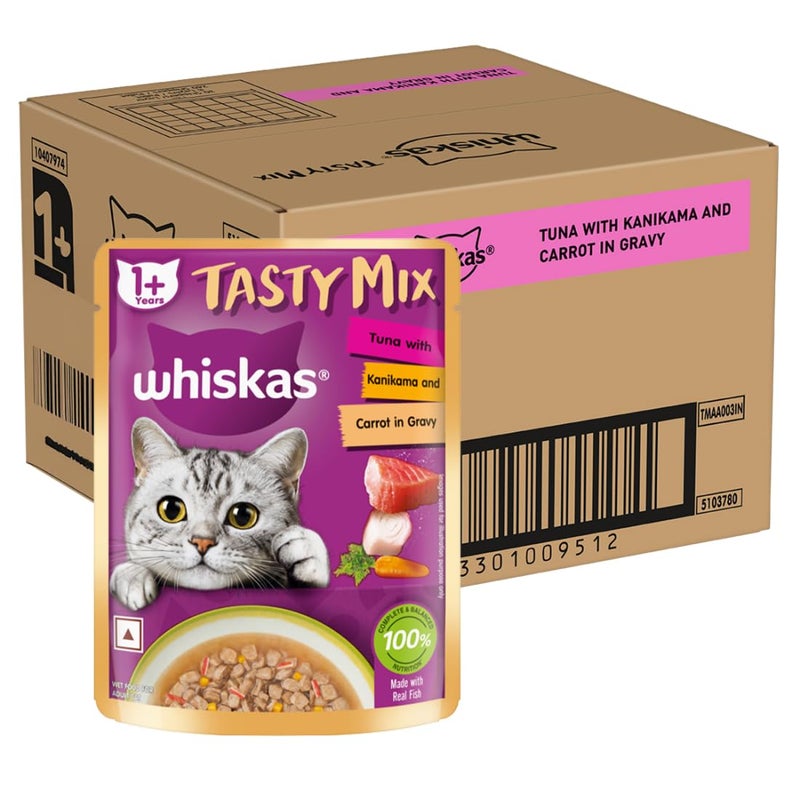 Whiskas Tasty Mix Adult (1+ Year) Wet Cat Food, Tuna with Kanikama & Carrot in Gravy, 70g, Pack of 28| Made with Real Fish| Complete & Balanced Nutrition for Adult Cat - Image 1
