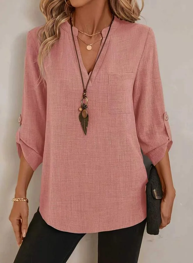 تايك تو Women'S Solid V Neck Roll Up Sleeve Top
