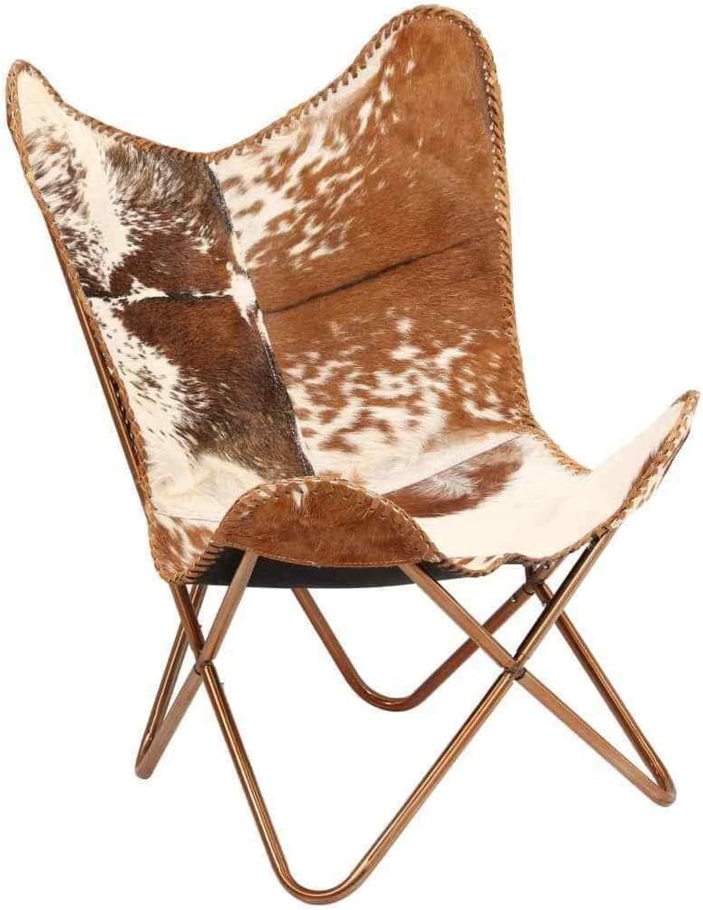 Naturals Export Handmade Leather Butterfly Chair Tan Side Hand Stitch Leather Butterfly Chair for Relaxing with Powder Coated Folding Iron Frame Vintage Arm Chair White and Brown with Ross Gold