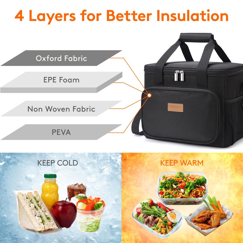 Lifewit Large Lunch Bag Insulated Lunch Box Soft Cooler Cooling Tote for Adult Men Women, Black 24-Can (15L) - Image 2