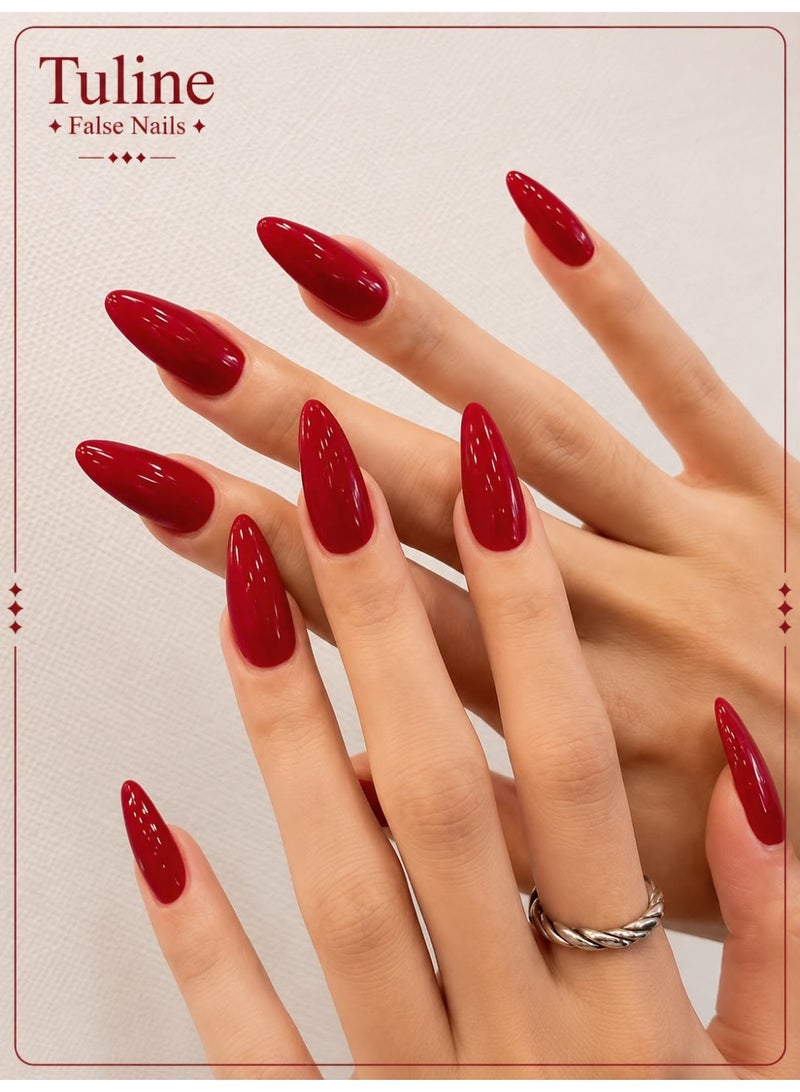 Tuline Elevate Your Style With,24pcs Long Almond Red Nail Set,Fit Perfectly&Medium Length Design,For Women Girls Daily Work Wear Press On Nails Nail Supplies - Image 1