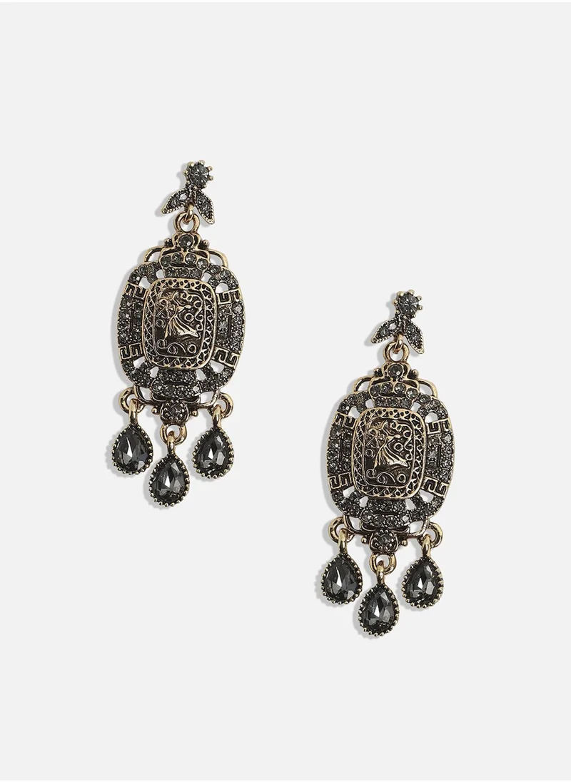 SOHI Antique Intricate Crystal Drop Earrings - Gold