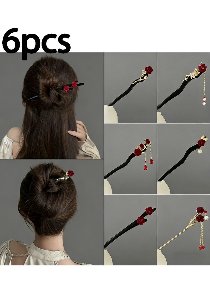 LLASIDO Set of 6 Hair Sticks Vintage Wooden Hair Clips Flower Hair Chopsticks Handmade Wooden Hair Clips Classic Hair Accessories Women's Long Curly Hair Classic - Image 1