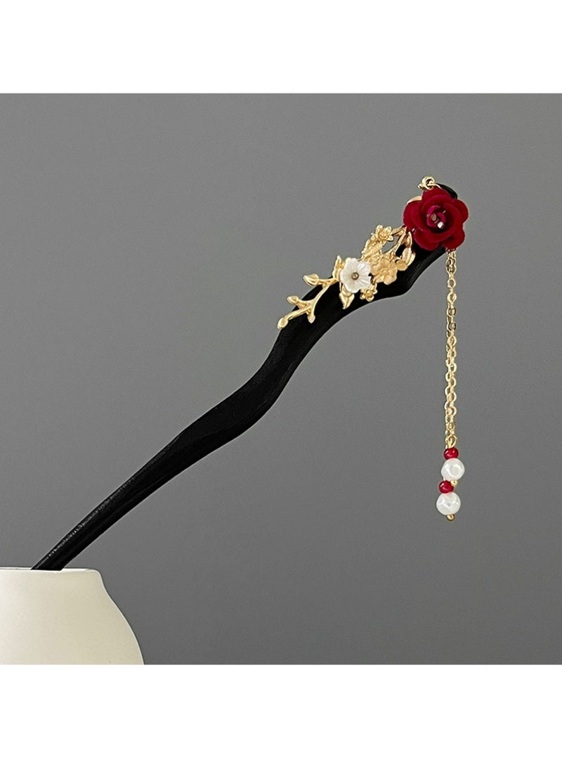 LLASIDO Set of 6 Hair Sticks Vintage Wooden Hair Clips Flower Hair Chopsticks Handmade Wooden Hair Clips Classic Hair Accessories Women's Long Curly Hair Classic - Image 2