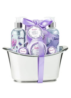 Freida and Joe Aromatherapy Essentials Spa Set for Women in Large Silver Tub Bath Set Includes 2 Bath Bombs Body Lotion Bath Salts Shower Gel and Bubble Bath Lavender 