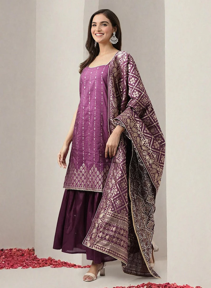 ISHIN Women's Purple 100% Cotton Printed Straight Fit Kurta Set