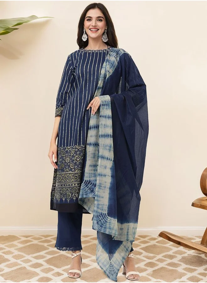 ISHIN Striped Regular Pure Cotton Straight Kurta With Trousers & Dupatta