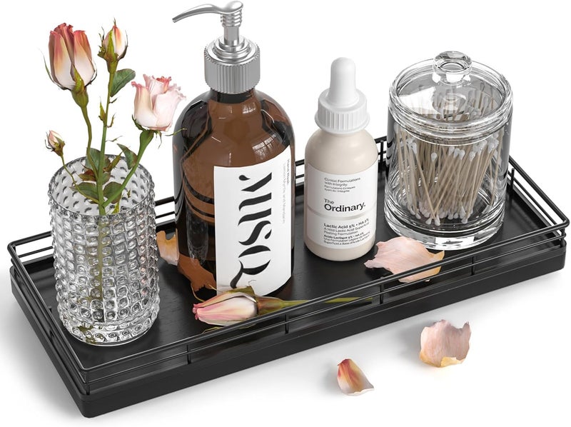 Focusonit Oak Bathroom Tray for Counter, 11" Wooden Vanity Tray for Perfume Makeup Candle, Kitchen Sink Countertop Organizer for Soap Dispenser Sponge Holder, Toilet Tank Coffee Table Bar Tray Black - Image 1