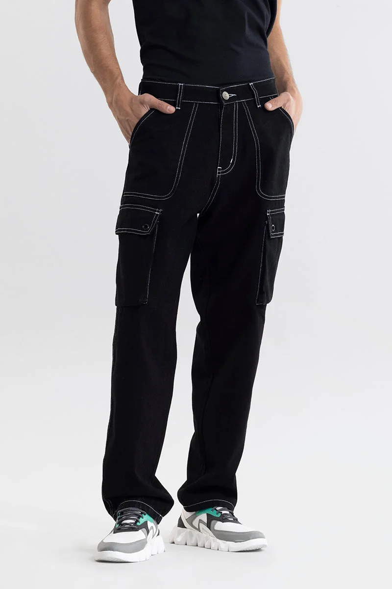 SNITCH Black Solid Loose Fit Streetwear Jeans