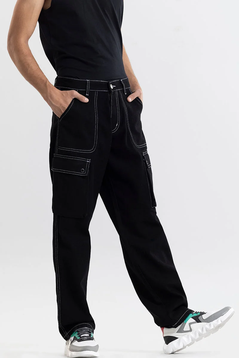 Snitch Black Black Solid Loose Fit Streetwear Jeans for Men | Best Price UAE