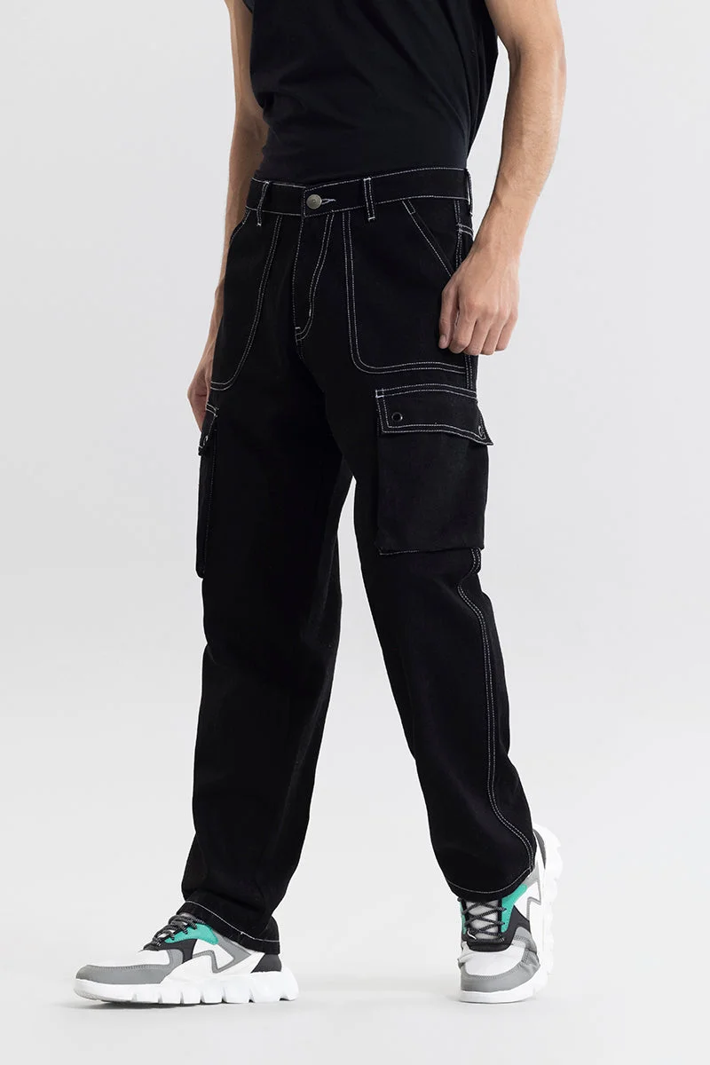 SNITCH Black Solid Loose Fit Streetwear Jeans