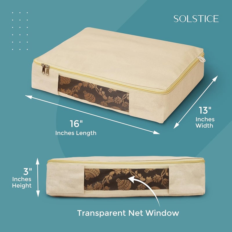 Solstice Cotton Canvas Clothes Storage Bags/Saree Covers with Zip for Storage Specially Design for Woman Dresses, Sarees, Lehengas for Wardrobe Organizer (16 x 13 x 3 Inch)- Pack of 4 - Image 2