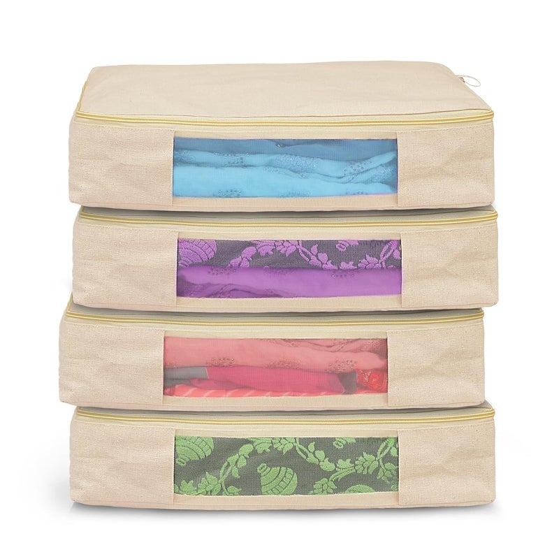 Solstice Cotton Canvas Clothes Storage Bags/Saree Covers with Zip for Storage Specially Design for Woman Dresses, Sarees, Lehengas for Wardrobe Organizer (16 x 13 x 3 Inch)- Pack of 4 - Image 1