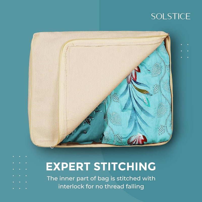 Solstice Cotton Canvas Clothes Storage Bags/Saree Covers with Zip for Storage Specially Design for Woman Dresses, Sarees, Lehengas for Wardrobe Organizer (16 x 13 x 3 Inch)- Pack of 4 - Image 4