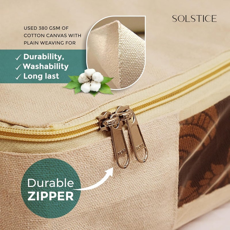 Solstice Cotton Canvas Clothes Storage Bags/Saree Covers with Zip for Storage Specially Design for Woman Dresses, Sarees, Lehengas for Wardrobe Organizer (16 x 13 x 3 Inch)- Pack of 4 - Image 5