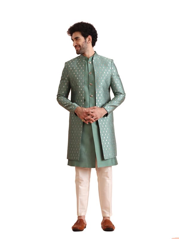 KISAH Mens Jacket Sherwani Trouser Set|Silk Blend Fabric Jacquard Pattern Indo-Western Mens Ethnic Wear|Regular Fit Mandarin Collar Long Sleeves, Green, 44 - Image 1