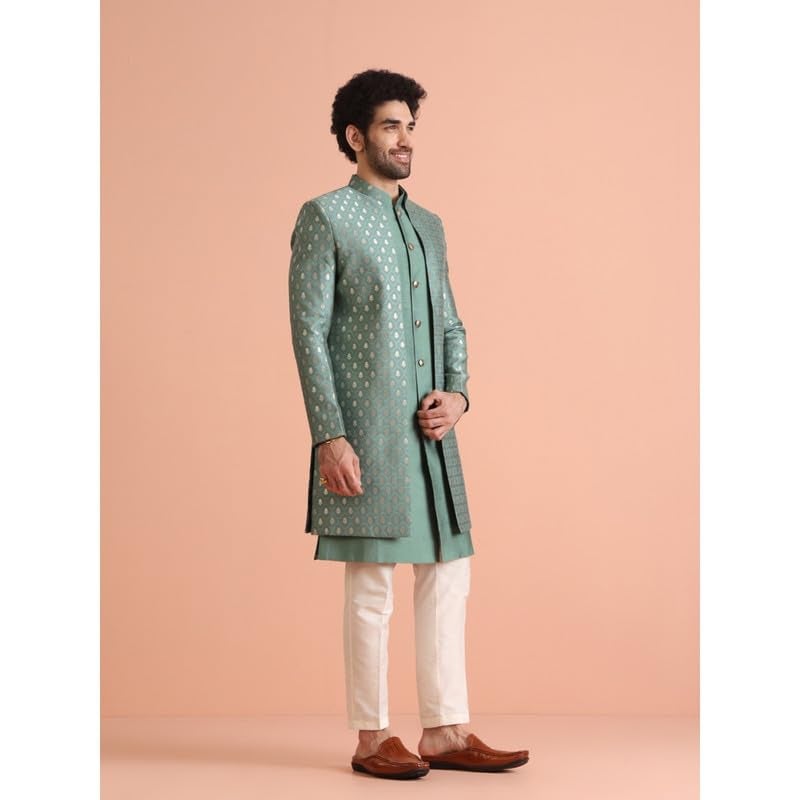KISAH Mens Jacket Sherwani Trouser Set|Silk Blend Fabric Jacquard Pattern Indo-Western Mens Ethnic Wear|Regular Fit Mandarin Collar Long Sleeves, Green, 44 - Image 2
