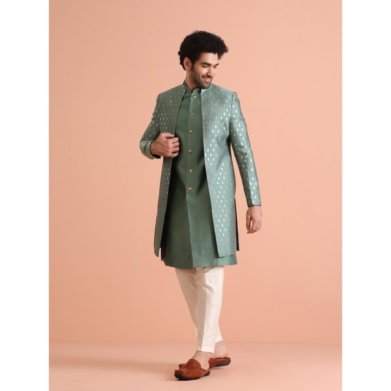 KISAH Mens Jacket Sherwani Trouser Set|Silk Blend Fabric Jacquard Pattern Indo-Western Mens Ethnic Wear|Regular Fit Mandarin Collar Long Sleeves, Green, 44 - Image 3