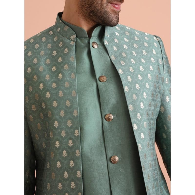KISAH Mens Jacket Sherwani Trouser Set|Silk Blend Fabric Jacquard Pattern Indo-Western Mens Ethnic Wear|Regular Fit Mandarin Collar Long Sleeves, Green, 44 - Image 5