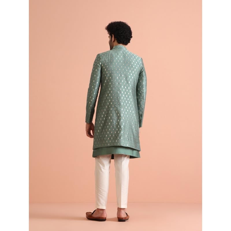 KISAH Mens Jacket Sherwani Trouser Set|Silk Blend Fabric Jacquard Pattern Indo-Western Mens Ethnic Wear|Regular Fit Mandarin Collar Long Sleeves, Green, 44 - Image 4