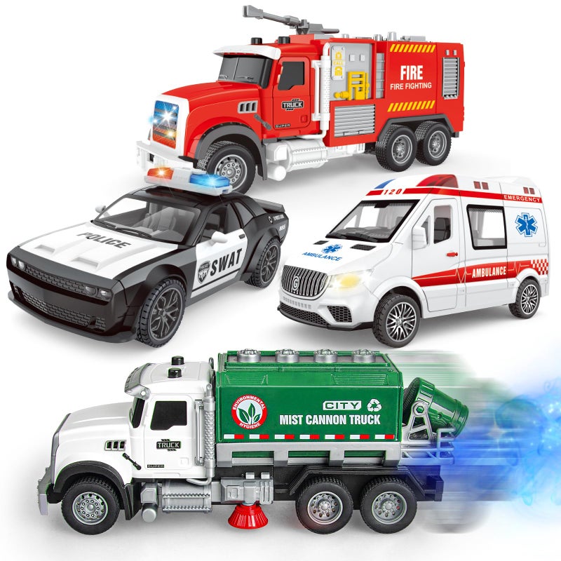 Yalujumb 4 Packs Emergency Vehicle Toy Playsets Including Garbage Truck Play Police CarAmbulance and Fire Truck with SprayLights  SoundsBirthday Christmas Party Gifts Toys for Boys 35 - Image 3