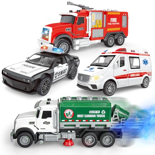 Yalujumb 4 Packs Emergency Vehicle Toy Playsets Including Garbage Truck Play Police CarAmbulance and Fire Truck with SprayLights  SoundsBirthday Christmas Party Gifts Toys for Boys 35 - Image 1