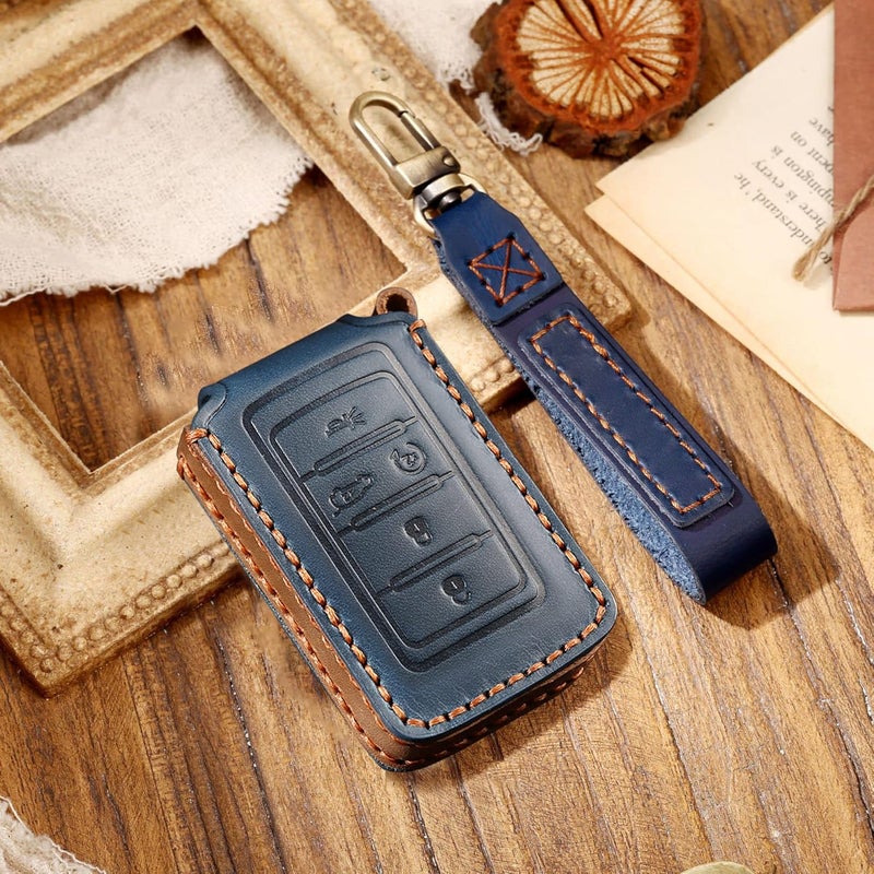SANRILY Premium Leather Key Fob Cover Case for Jeep Grand Cherokee L 2022 2021 Keyless Entry Remote Keychain Holder Full Protection Key Protector Blue - Image 1