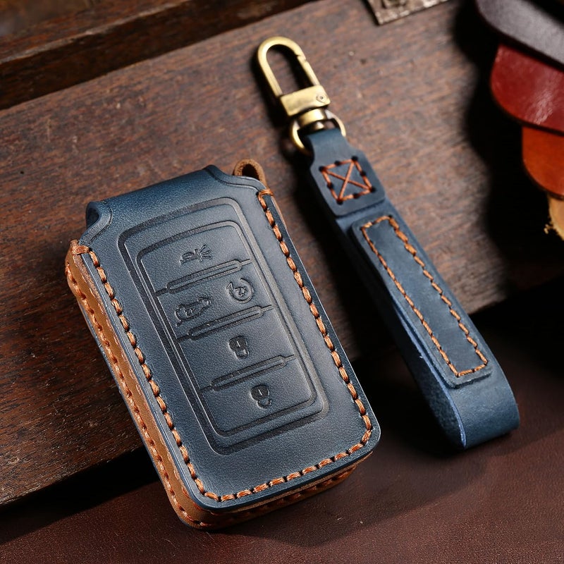 SANRILY Premium Leather Key Fob Cover Case for Jeep Grand Cherokee L 2022 2021 Keyless Entry Remote Keychain Holder Full Protection Key Protector Blue - Image 4