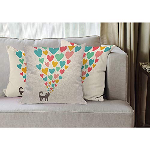 EKOBLA Cat in Love Throw Pillow Cover Cartoon Cute Animal Pet Sweet Heart Striped Tail Romantic Cozy Square Cushion Case for Men Women Boys Girls Room Home Decor Cotton Linen 18x18 Inch - Image 2