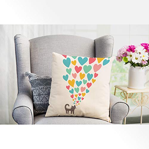 EKOBLA Cat in Love Throw Pillow Cover Cartoon Cute Animal Pet Sweet Heart Striped Tail Romantic Cozy Square Cushion Case for Men Women Boys Girls Room Home Decor Cotton Linen 18x18 Inch - Image 4