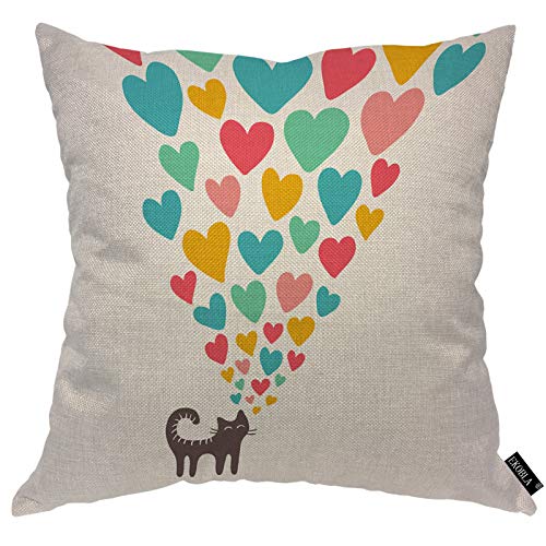 EKOBLA Cat in Love Throw Pillow Cover Cartoon Cute Animal Pet Sweet Heart Striped Tail Romantic Cozy Square Cushion Case for Men Women Boys Girls Room Home Decor Cotton Linen 18x18 Inch - Image 1