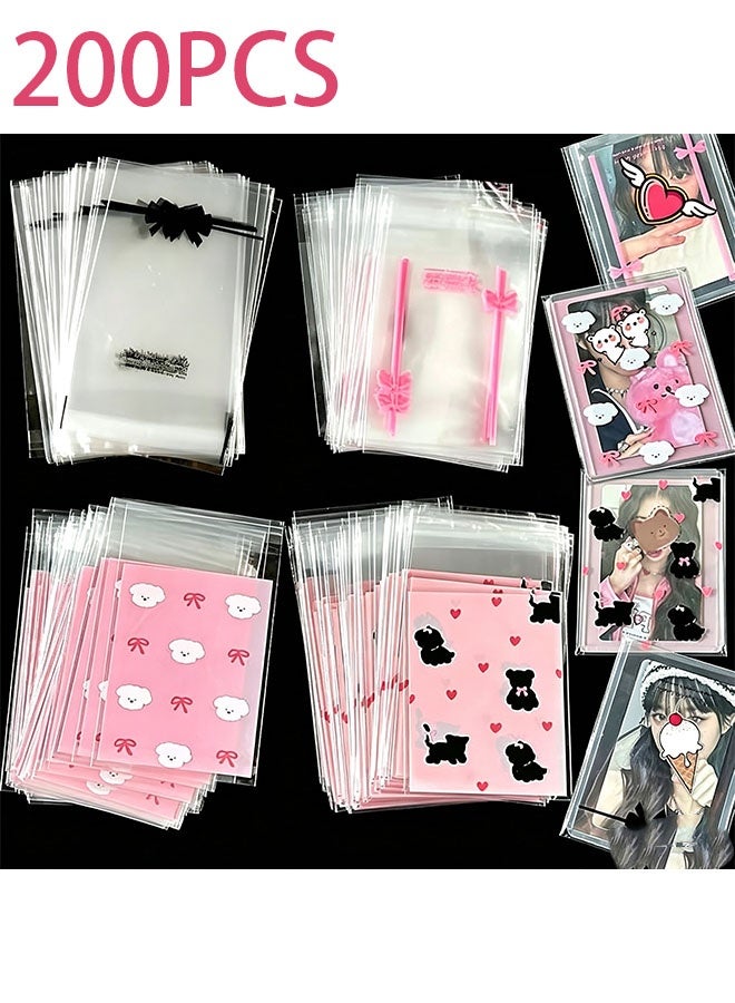 Happy D 200 sealable cookie snack cellophane bags, plastic bags for baking cookies and candies (10x8 cm), pink and white frosted OPP self-adhesive bags, food-grade sealing bags, cute party favor packaging bags for girls - Image 1