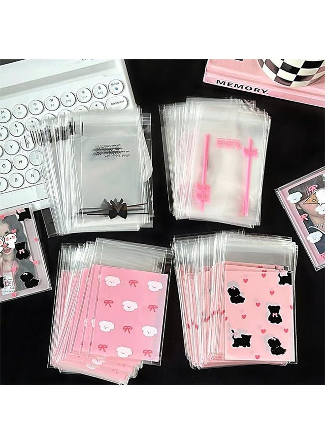 Happy D 200 sealable cookie snack cellophane bags, plastic bags for baking cookies and candies (10x8 cm), pink and white frosted OPP self-adhesive bags, food-grade sealing bags, cute party favor packaging bags for girls - Image 5