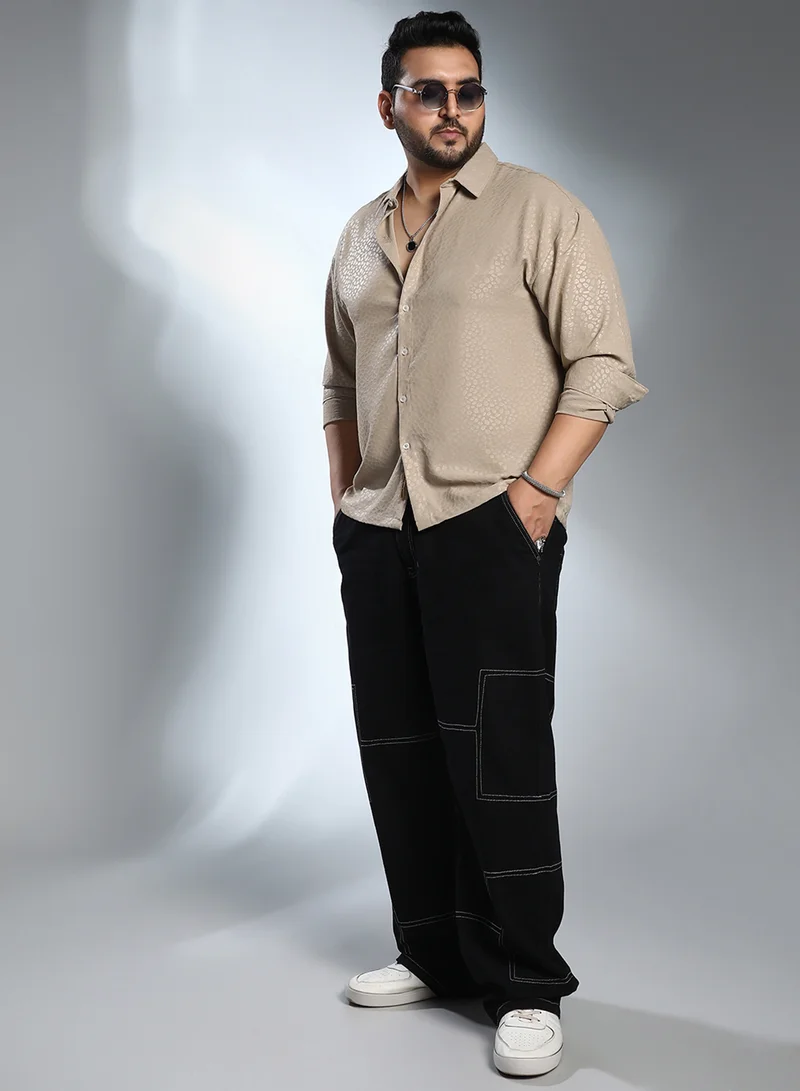 Instafab Plus Instafab Plus Men's Bone Grey Pavement Shirt For Casual Wear | Spread Collar | Long Regular Sleeves | Button Closure | Plus Size Shirt Crafted With Comfort Fit For Everyday Wear