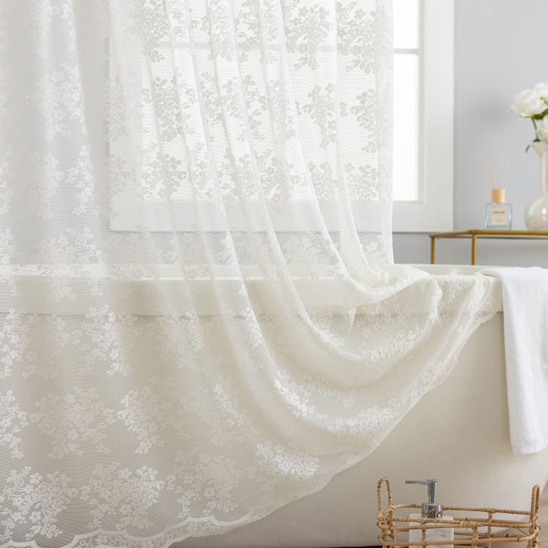 TUDECO Lace Vintage Shower Curtain with Attached Valance, Crochet Rustic Floral Sheer Shower Curtains for Bathroom, Scalloped Edge Reinforced Holes Top Ivory Shower Curtain, 72 x 72 Inch, 1 Panel - Image 4