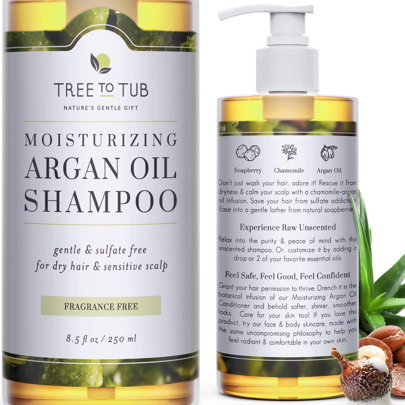 Tree to Tub Fragrance Free Shampoo for Dry & Sensitive Scalp - Gentle Unscented Hydrating Hair Shampoo for Women & Men, Moisturizing Sulfate Free Shampoo w/Organic Argan Oil, All Natural Soapberry - Image 1