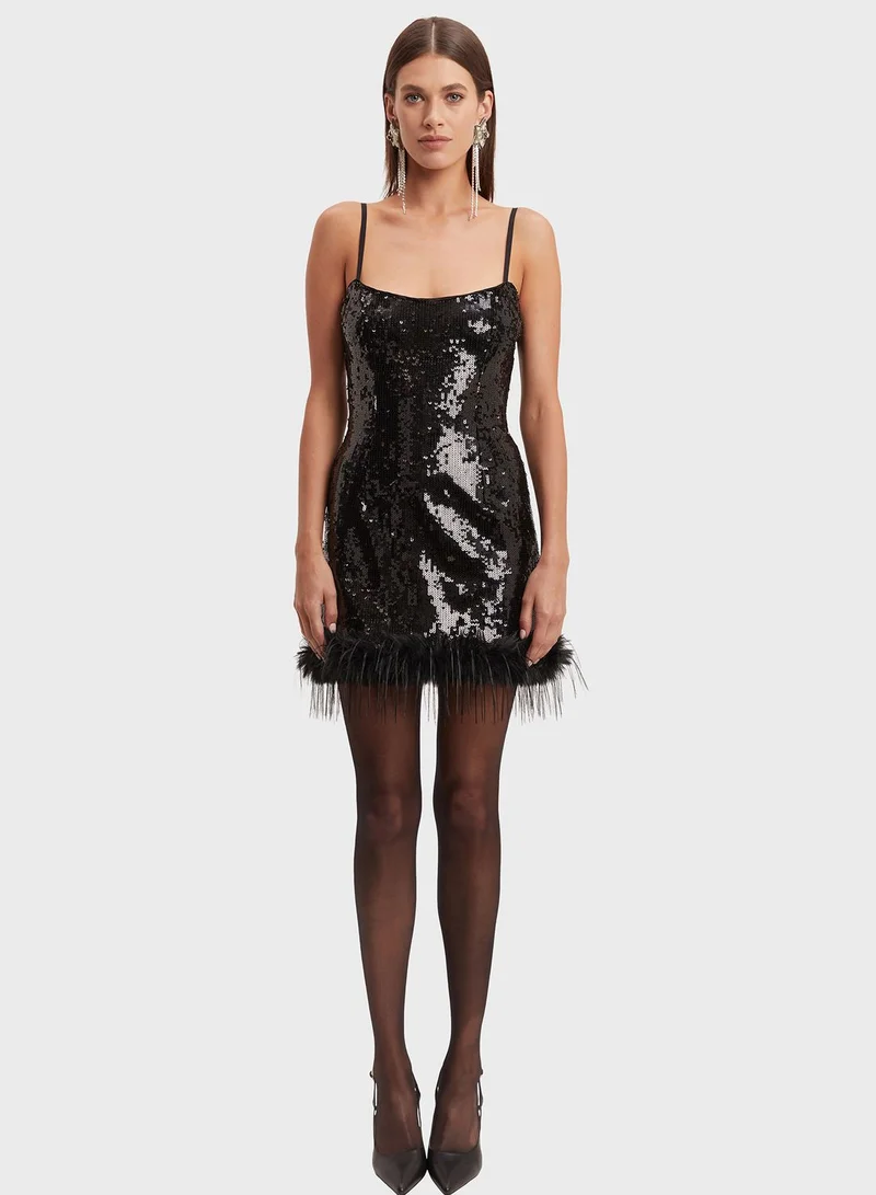 Bardot Sequin Feathered Mini Dress