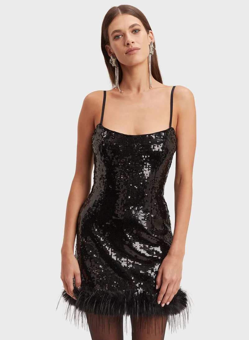 Bardot Sequin Feathered Mini Dress