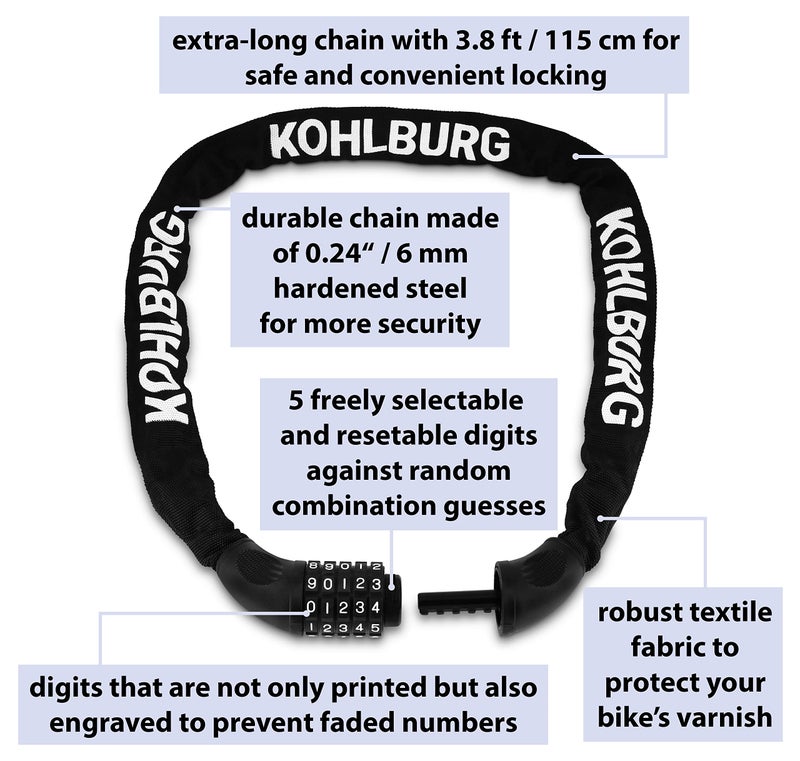 KOHLBURG Extra Long Bicycle Combination Lock - 3.8 ft Chain & 0.24â€ Strong Number Combination Bike Lock - Secure Chain Lock Almost 4 ft - Security 5-Digit Bike Lock Combo for Bicycle & e-Bike - Image 4