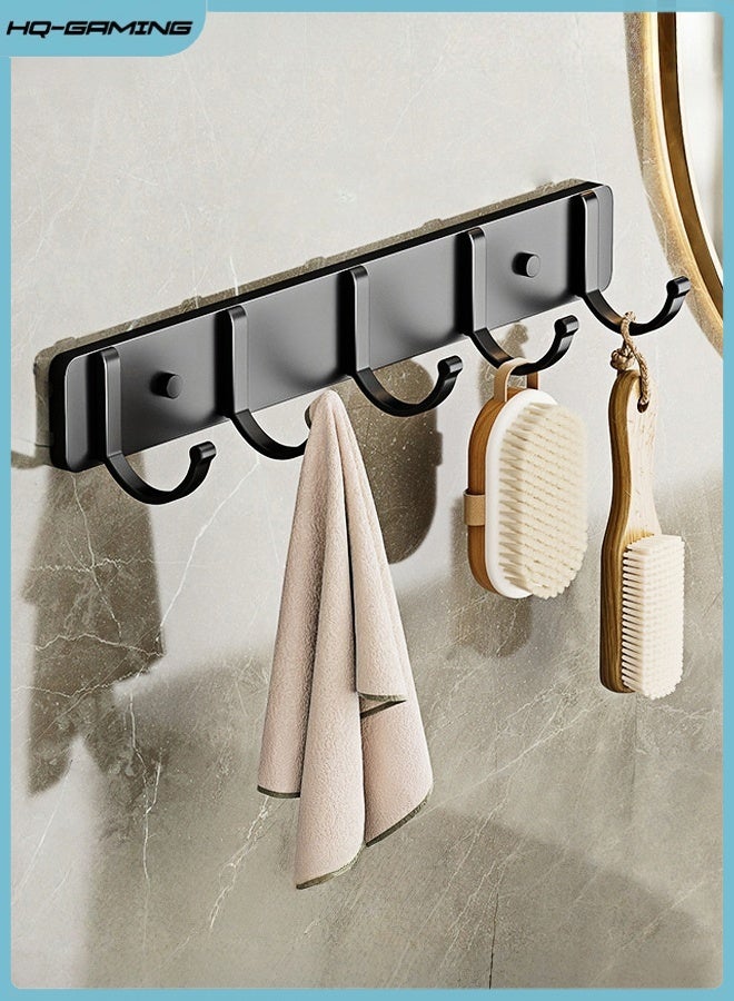 HQ-GAMING Coat Rack Wall Mounted Hook Rack with 5 Hooks Key Hanger Towel Rack Heavy Duty Wall Hanger Metal Coat Hook Rail for Coat Hat Towel Purse Robes Mudroom Bathroom Entryway Black Adhesive & Screw - Image 1