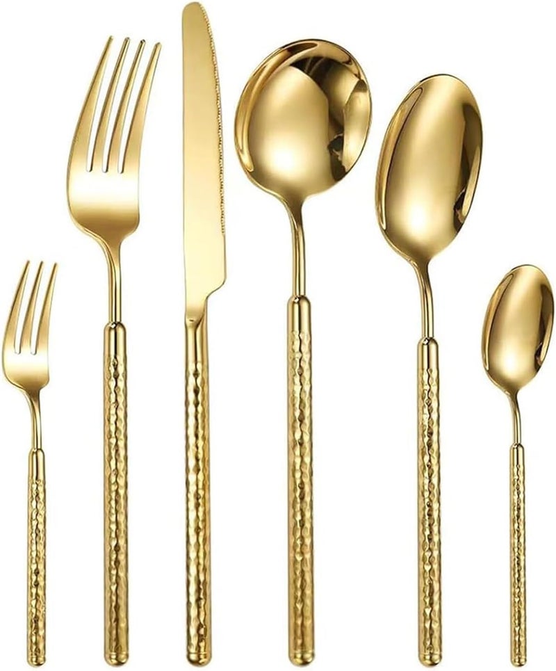 إكسفور مجموعات أدوات مائدة من الذهب المطرقوة مكونة من 6 قطع، مجموعة أدوات مائدة من الفولاذ المقاوم للصدأ بلون ذهبي مع مقبض دائري، مجموعة أدوات مائدة بمقبض مطرقوة مصنوع من الذهب، مصقولة بشكل مرآتي، مناسبة للغسالة الأوتوماتيكية. - Image 1