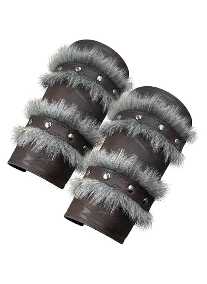 Generic Nordic Viking Barbarian Arm Guards, Medieval Artificial Fur Gauntlets, Vintage Faux Leather Bracers for LARP  - Image 2