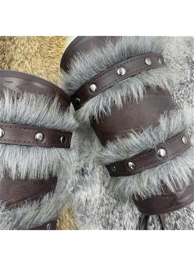 Generic Nordic Viking Barbarian Arm Guards, Medieval Artificial Fur Gauntlets, Vintage Faux Leather Bracers for LARP  - Image 5