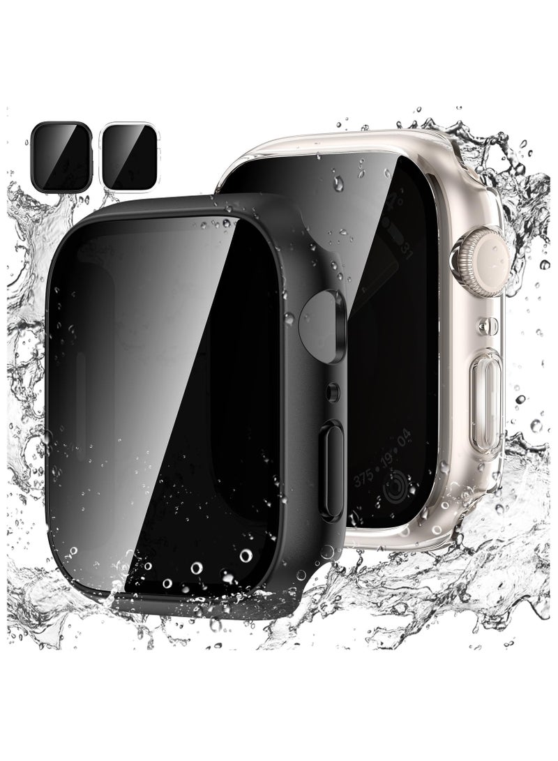 KASTWAVE 2 Pac Waterproof Privacy Case for Apple Watch 9 8 7 45mm with 9H Anti-Spy Tempered Glass Screen Protector, Full Body Hard PC Bumper Cases Protective Cover for iWatch9/iWatch8 (Clear+Black) - Image 1