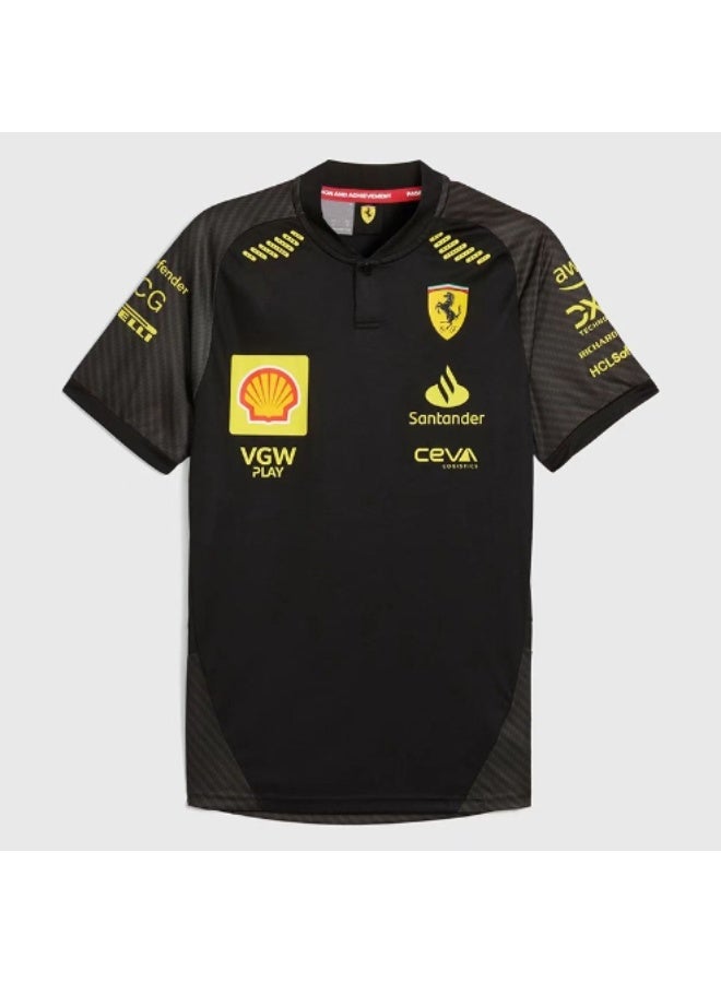 Ferrari Formula 1 Black Team Shirt with Yellow Sponsor Logos (Shell, Santander, CEVA, VGW)-S - Image 1