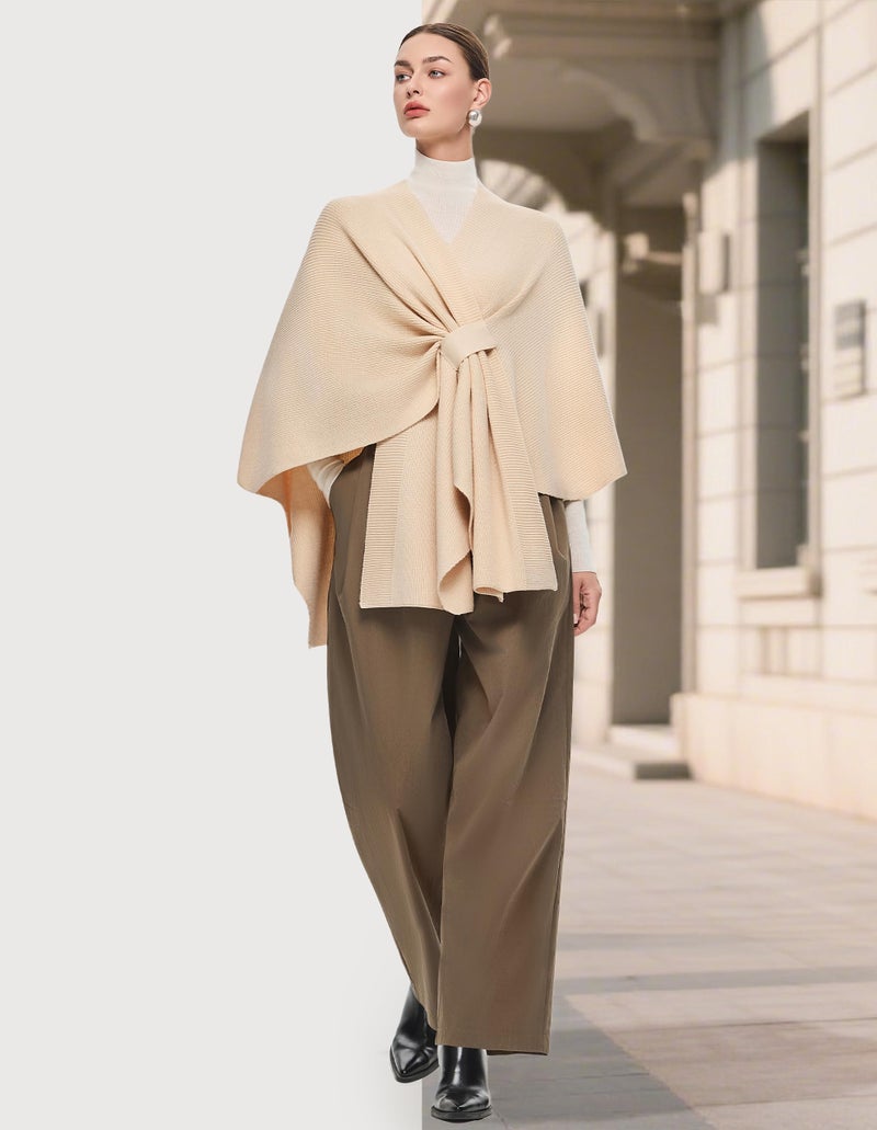 PULI Women's Shawl Wraps Ribbed Poncho Ruana Cape Open Front Cardigan Sweater Evening Dress for Fall Winter Beige - Image 2